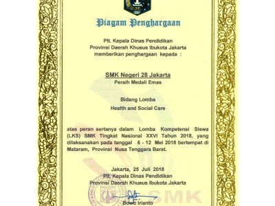 Piagam Penghargaan dari Disdik DKI Jakarta, Medali Emas Lomba Healt & Social Care SMK tk. Nasional 2
